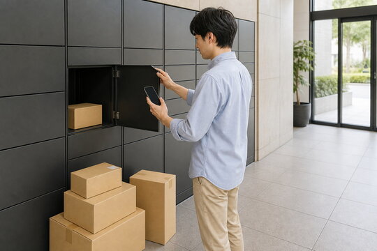 宅配ロッカーで荷物を確認する男性