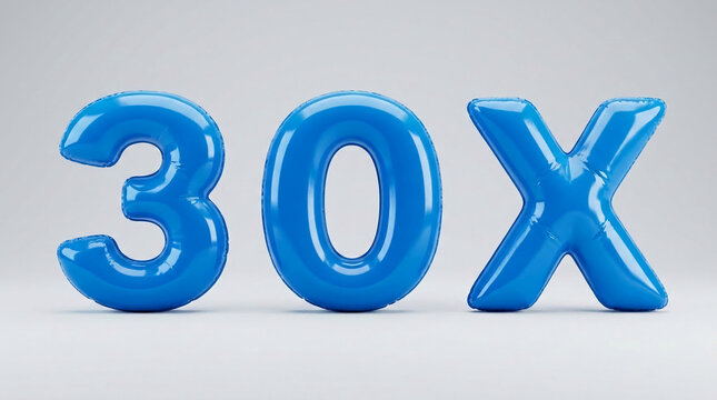 Glossy blue inflatable numbers 3, 0, and letter X, representing achievement, success, and an exclamation, perfect for celebrations or promotional themes