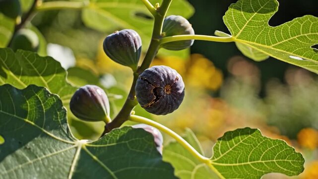 Fresh purple figs grow on a lush green tree in the sun