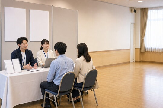 合同説明会のブースで応募者と話す担当者