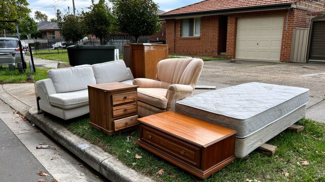 Discarded secondhand furniture and mattress on suburban nature strip