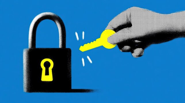 Stylized graphic with black padlock and vivid yellow keyhole on solid blue background, halftone textured human hand holding bright yellow key approaching lock