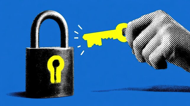 Stylized graphic with black padlock and vivid yellow keyhole on solid blue background, halftone textured human hand holding bright yellow key approaching lock