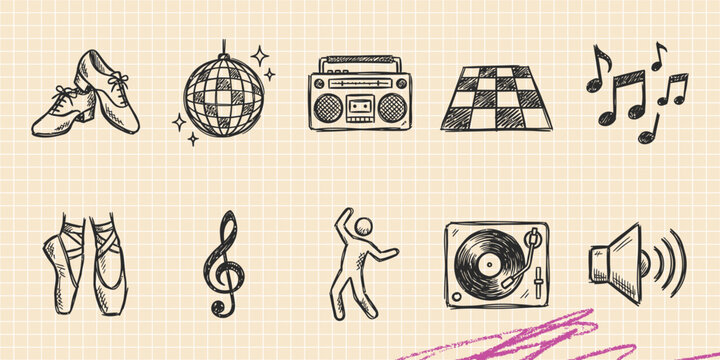 Hand drawn vintage black ink scribble doodle vector set of laundry clothes gym fitness domestic pets houseplants and computer IT