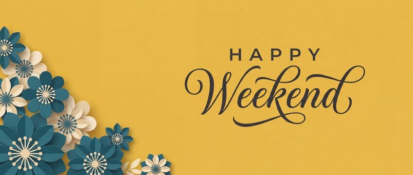 Happy weekend text greeting sign decorated with teal paper craft flowers on yellow background. Hand drawn calligraphy banner template.