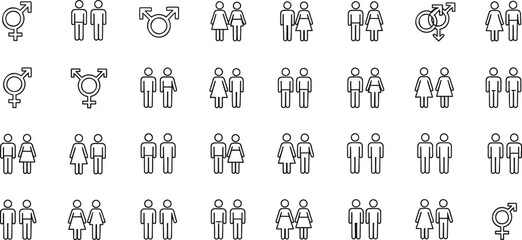 Obraz premium A collection of simple black and white line art icons depicting various gender combinations and human relationship pairings for design.