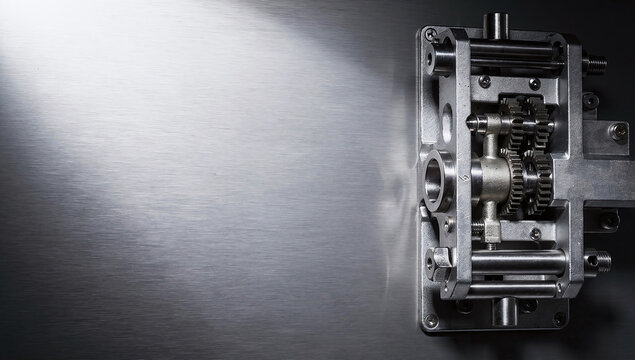 Side view of complex metallic steel gear mechanism on brushed metal surface background