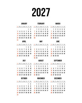 2027 full year calendar with monthly overview and holiday highlights