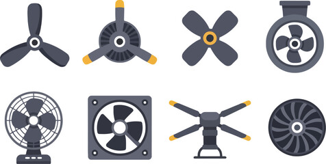 Set of propeller and fan icons in flat vector style featuring aircraft propellers, cooling fans, and ventilation symbols, ideal for aviation, engineering, airflow, and technology-related designs. © Abdul Malek
