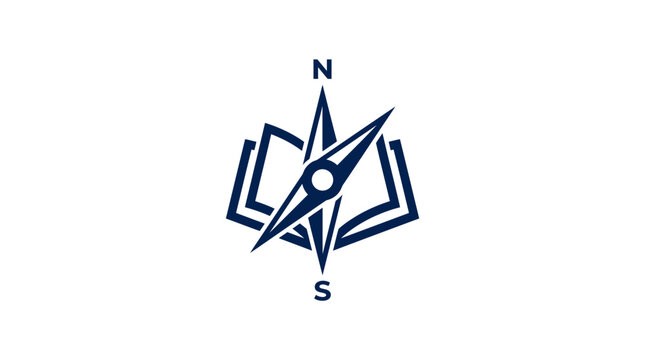 A minimalist graphic icon showing an open book combined with a navigation compass
