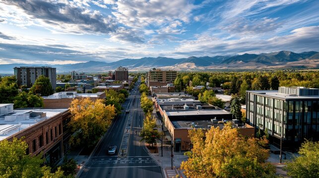 Aerial view of a scenic downtown street in Bozeman Montana with mountains in the background