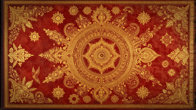 vintage red and gold filigree pattern background with luxury mandala design