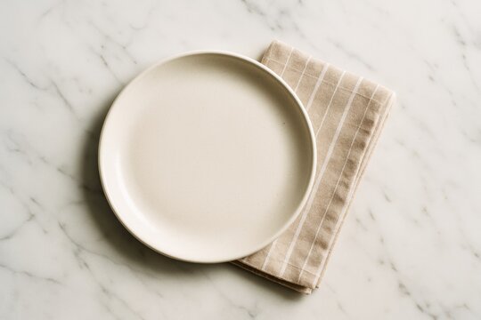 Empty ceramic plate on beige striped napkin over white marble background seen from above, ideal clean mockup template for food design concepts. Ai generative
