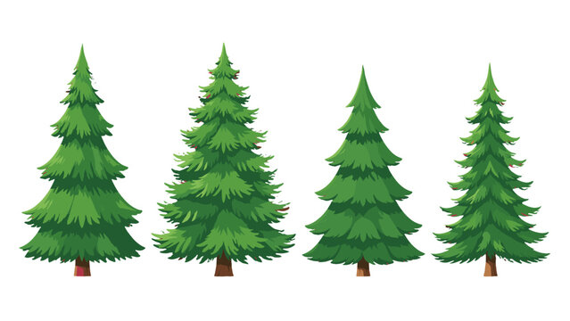 Set of green fir and spruce trees in cartoon vector style