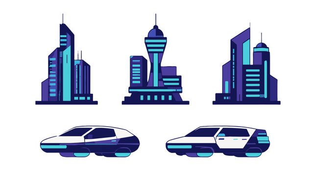 Futuristic city skyline and hovering car vector set