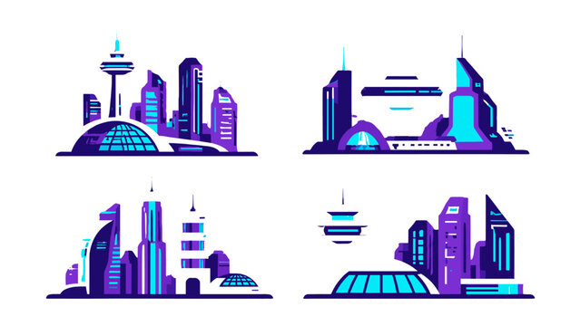 Futuristic neon city skyline set with modern sci fi buildings