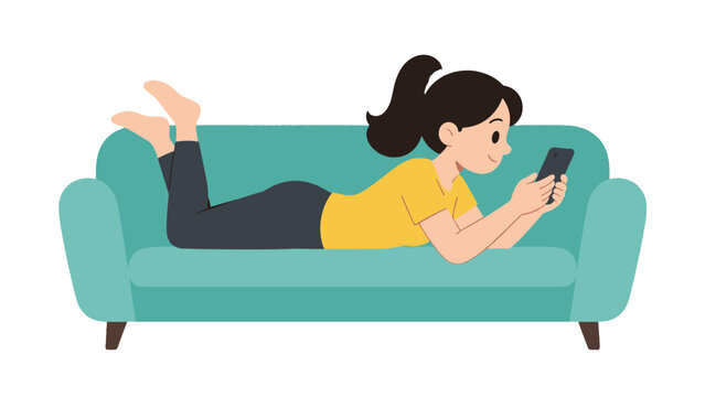 Woman lying on couch using smartphone vector illustration