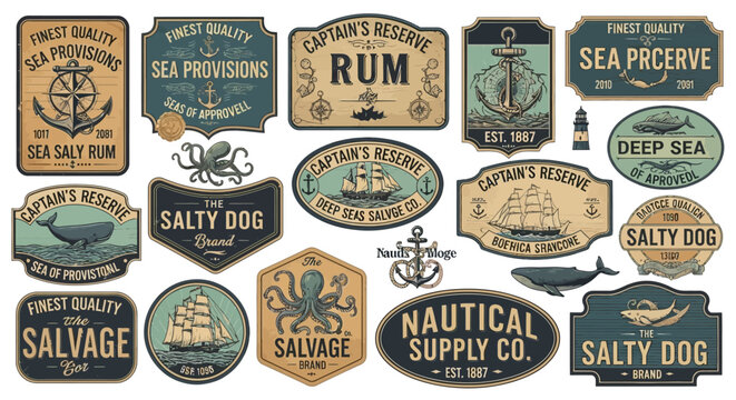 A collection of vintage nautical labels featuring maritime symbols and sea creatures