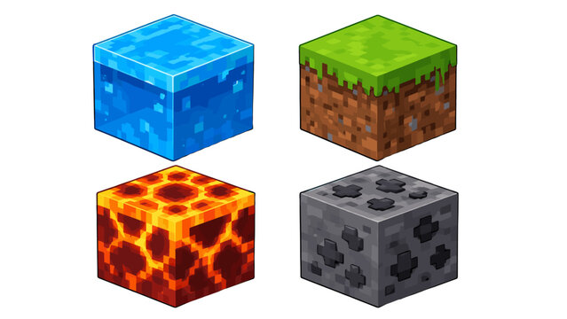 Isometric pixel art cubes with water grass lava and coal