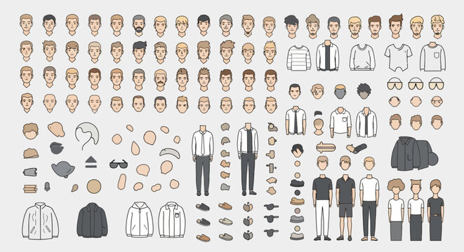A collection of diverse male character design elements for digital game creation