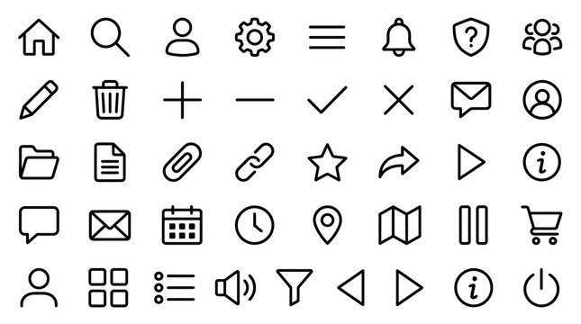 Black and white line icons set for user interface design and web development