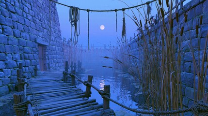 Fototapeta premium Serene Blue Night by the Waterway