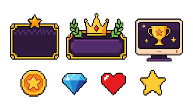 Pixel art game interface elements with trophy, crown, gems and icons