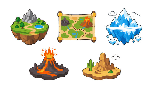Fantasy game map islands and terrain icons set