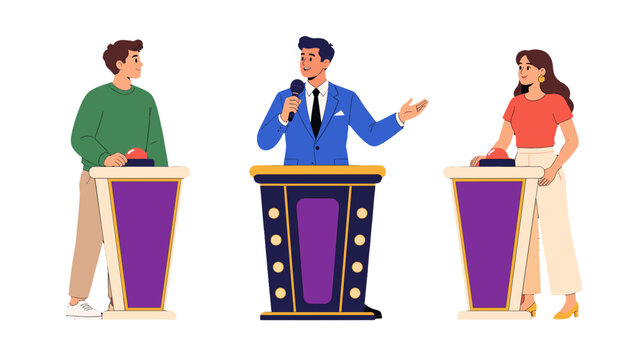 Quiz show host with two contestants at podiums vector
