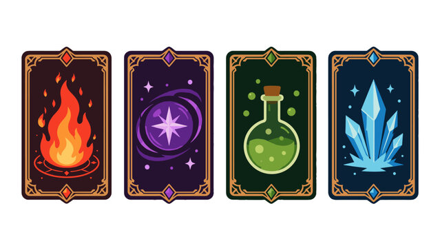 Fantasy spell cards with fire, magic, potion, and ice icons
