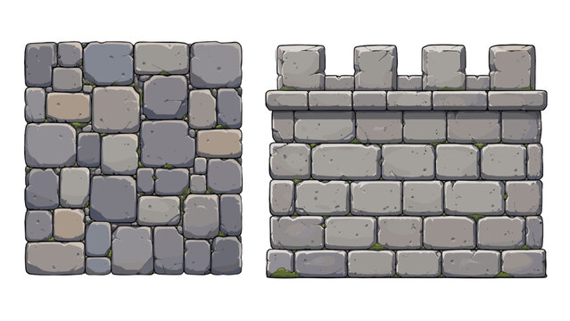 Cartoon stone tile floor and castle wall vector set