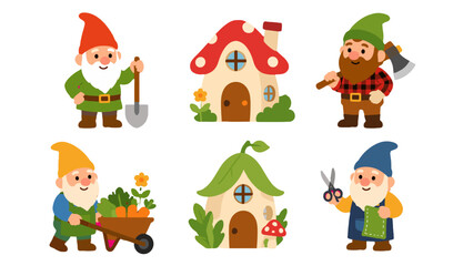 Fototapeta premium Cute garden gnome characters with whimsical mushroom houses