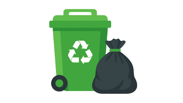 Green recycling bin with trash bag vector illustration