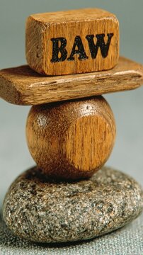 A wooden block marked BAW rests on a balanced stack of shapes against a neutral background.