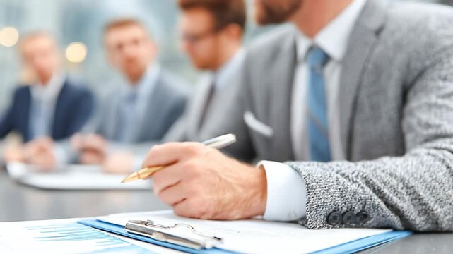 Translator writes notes at a business meeting in an office setting Generative AI