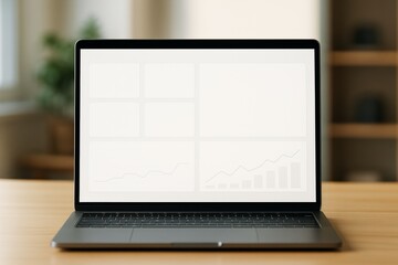 Fototapeta premium Modern laptop with blank analytics dashboard screen on desk in cozy home office with blurred background, perfect for design or mockup use. Ai generative