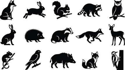 Fototapeta premium Forest Animals Silhouette Icon Set Featuring Monochrome Black Fox Rabbit Squirrel Raccoon Owl Hedgehog Badger Fawn Boar and Woodpecker Vector Wildlife Elements