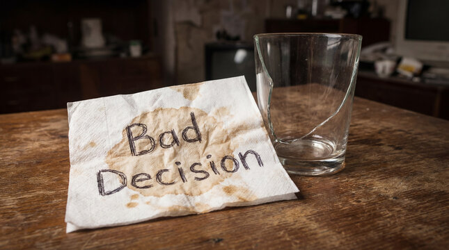 Bad decision message written on a stained napkin with a cracked glass, symbolizing mistakes, failure, and regret
