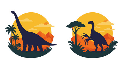 Prehistoric dinosaur silhouettes with trees mountains and sunset © Mark
