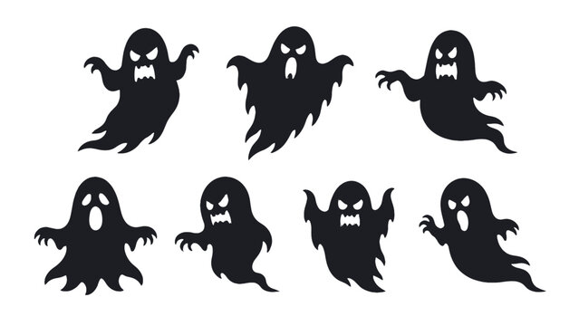 Set of spooky ghost silhouettes with expressive flying shapes
