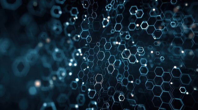 Abstract image of interconnected blue hexagonal shapes with bright dots, suggesting complex networks and digital structures