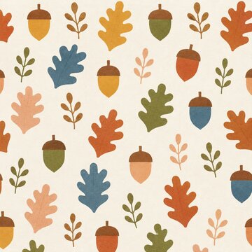 Autumn oak leaf acorn seamless pattern illustration