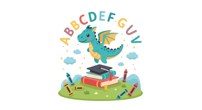 Colorful dragon on books alphabet.