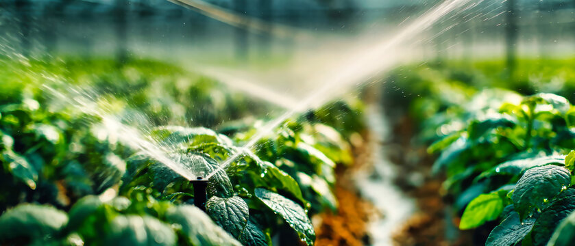 High-tech misting system waters lettuce in a modern greenhouse. Plants thrive in a controlled environment supported by innovative farming methods