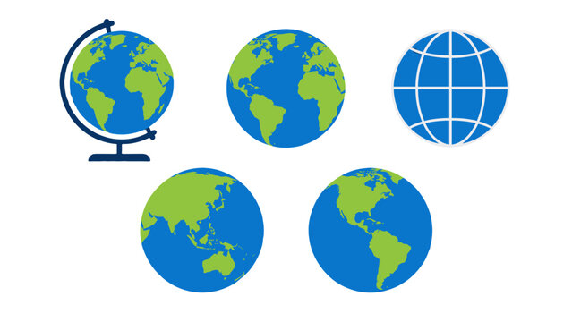 Set of blue and green globe icons with world map views