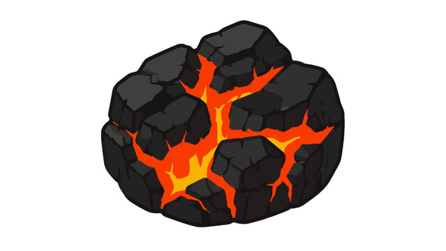 Glowing charcoal briquette with fiery cracks isolated