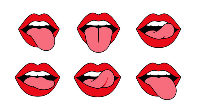 Set of red lips and tongue cartoon vector illustrations