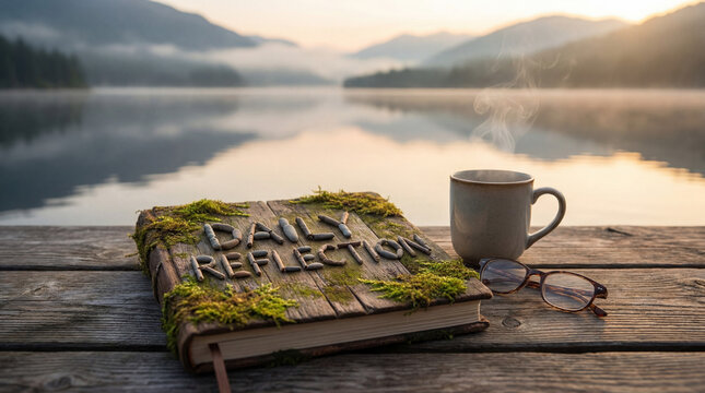 Daily reflection journal, steaming coffee cup, and reading glasses sitting on a wooden dock by a serene lake at sunrise