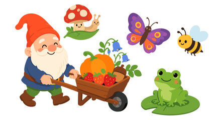 Fototapeta premium Cartoon garden gnome with wheelbarrow, animals and harvest set