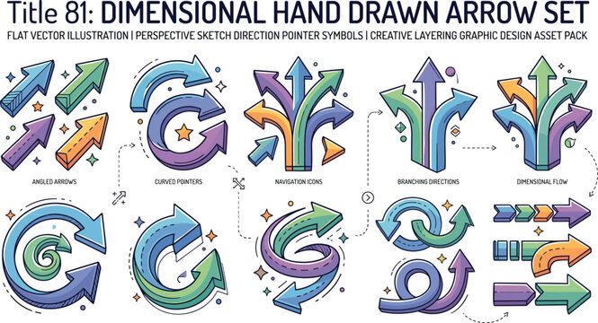 Dimensional hand drawn arrow set with flat vector illustration of perspective sketch direction pointer symbols and creative layering graphic design asset pack for navigation